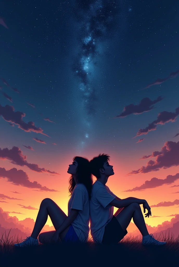Two people sitting back to back, looking up to the stary sky with a sunset. 