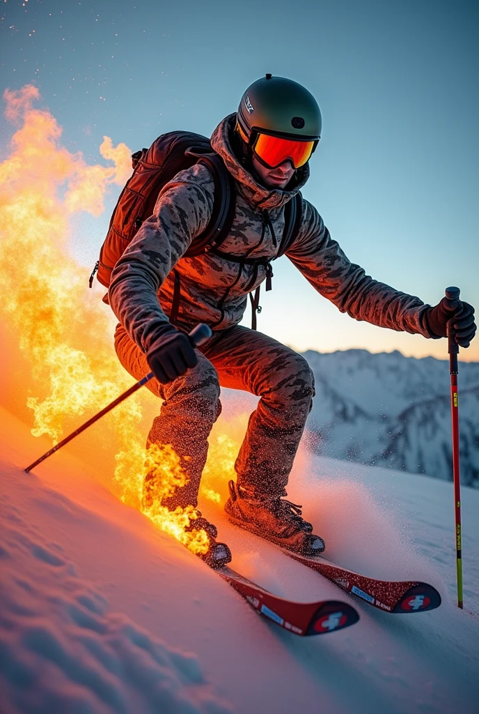 un homme qui est sur son vtt de descente, behind him flames, il a un equipement magnifique gamouflage et des couleurs, his name is Pisano Julien puts an effect in the flowers with his name, and he is at the top of the mountain