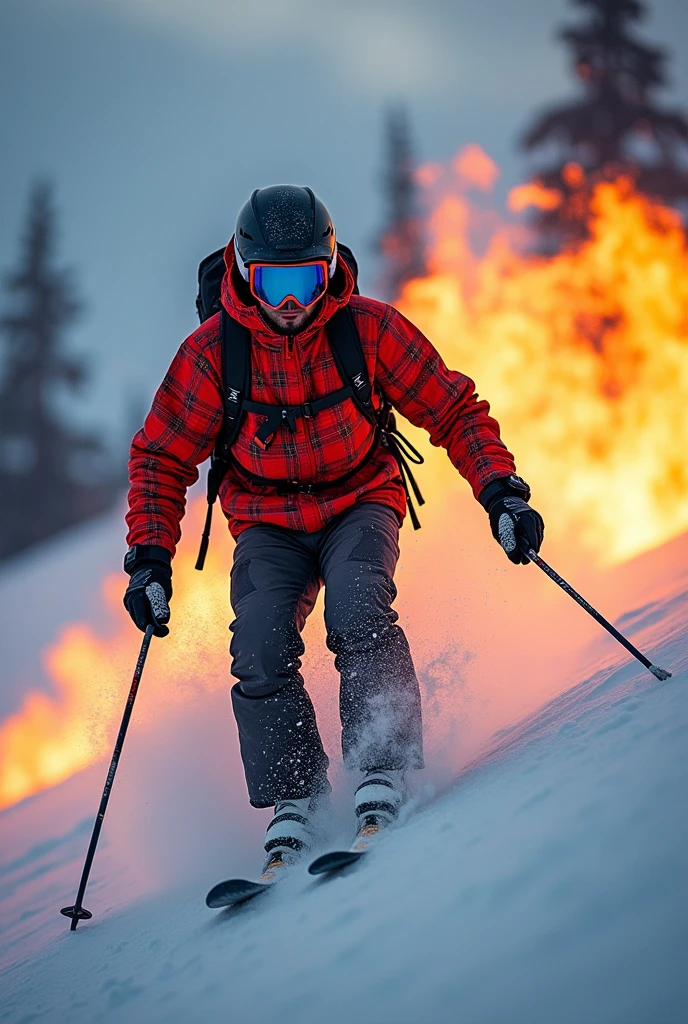 un homme qui est sur son vtt de descente, behind him flames, il a un equipement magnifique gamouflage et des couleurs, his name is Pisano Julien puts an effect in the flowers with his name, and he is at the top of the mountain 