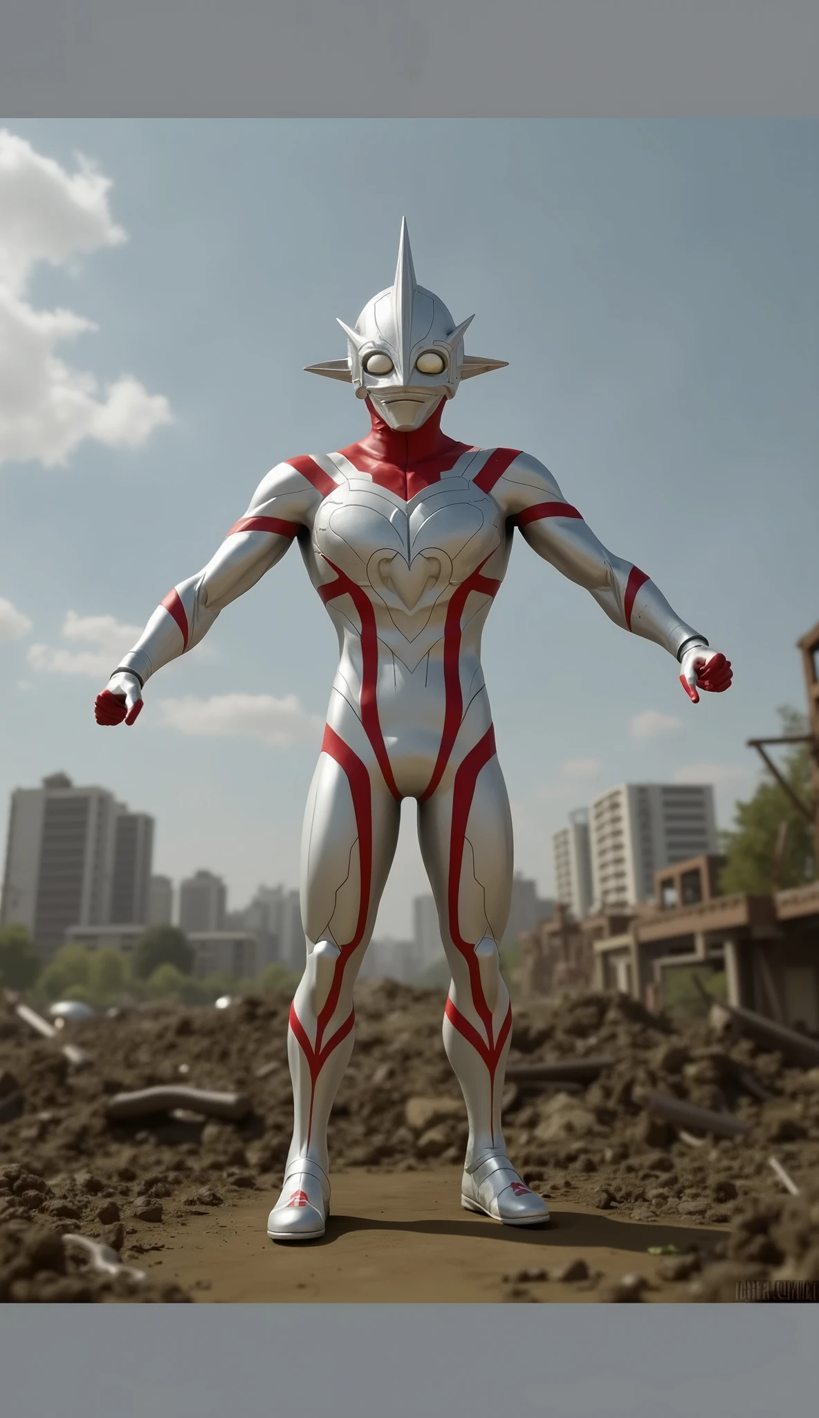 （masterpiece、8k、Ultra-delicate、hight resolution），(((Female Ultraman))),medium breasts，(((No muscleedium Boob)))，(His head is tapering,The body is made of red and silver，The arms present a streamlined design，On the chest there is a round calculator，Looks tall and thin，The overall shape is streamlined、modern)，(standing athletic pose)，posed for photo，high-angle，nigth，city ruins，backgroung details，（（（full body Esbian））），solo，(((Huge feeling))),NSFW,cameltoe,Dynamic Pose,from below,groin focus,the morning sun,(Erect clitoris:1.3),(Squatting:1.2),spread legs,(Open pussy:1.1),((wet pussy:1.1)),(long silver hair:1.1),red blush,smile、Attaching a cloak,(cum on face:1.2)