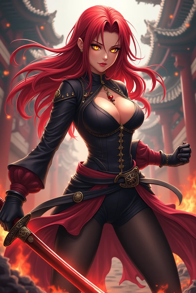 (a detailed portrait RAW photo of a gorgeous beautiful ((German)) , realistic, solo, side view, POV, looking in camera, intense stare, (masterpiece),(photorealistic:1.3), nfsw, ultra-detailed, (high detailed skin:1.2),(best quality:1.0), (ultra highres:1.0), fit, back light, choker, slim, choker, beautiful, Wearing a stylish body fitting fantasy clothes, red and black halter neck dress, fantasy sorceress, loincloth, ponytail hair, 2 strands of hair tendrils, bangs, Accessorized with leather armband and holding a staff, looking off into the distance, Captured from an above view angle, The scene set in a library at night. Best quality, 4k, Masterpiece :1.3), pretty woman, 1girl, (breasts, attractive body :1.2), abs :1.1, red brown hair: 1.1, makeup, black eyeshadow, black eyeliner, red blush, ultra-detailed face, detailed lips, mouth closed, red lipstick, detailed eyes, bright green eyes, double eyelid, high leather boots, garter over right thigh