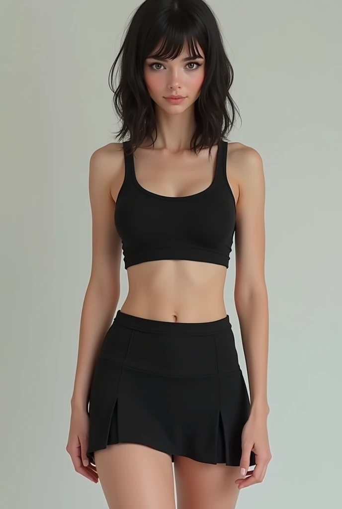  skinny white girl with black hair in a crop top shirt and a mini skirt full body. 
