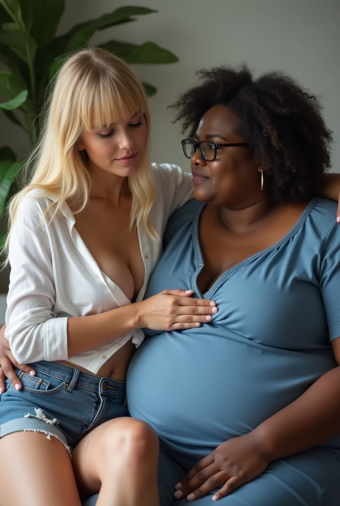 Create a photo of a 20 year old young woman, with a slender and beautiful body, wearing jean shorts and an open white shirt with bare breasts, with white and clear skin, with long blonde hair and bangs, while having his shirt opened and sitting on the lap of an obese woman, dark black skinned, who wears glasses and a blue dress and is touching the young woman's breast