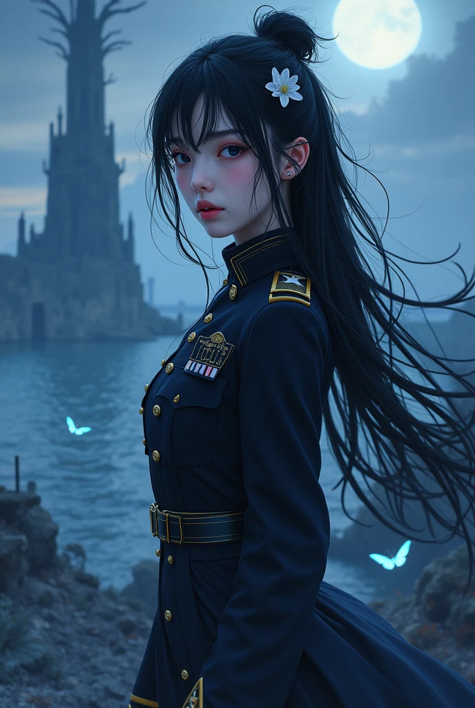 (aerial view),dynamic angle,ultra detailed, illustration, close up, straight, 1 girl, (fancy:1.4), (black eyes:1.233),Her eyes shone like dreamer stars,(bright Eyes:1.233),(Beautiful and detailed eyes.:1.1),(black hair:1.14),(messy hair,very long hair,free hair ,hair between the eyes,side locks), (+(flower by black:1.14)),(sleeves joined to a black support)/=(military uniform:1.24),(separate sleeves,wide sleeves),(Gloves without fingers),choker,(miko thighs),black high heel boots,(expressionless,Closed mouth),(standing), (Classic princess vanity with dresser and French window in antique white palaces),(White flowers,bloom),(abysmal sea),(flowing water),(a dull blue world tree:1.14),(remains),(evening:1.2),dreamer,alma,(fluorescence),(translucent blue butterflies flying:1.15), [[delicate fingers and hands:0.55]::0.85],(Finger detail),(yubao:0.5),
