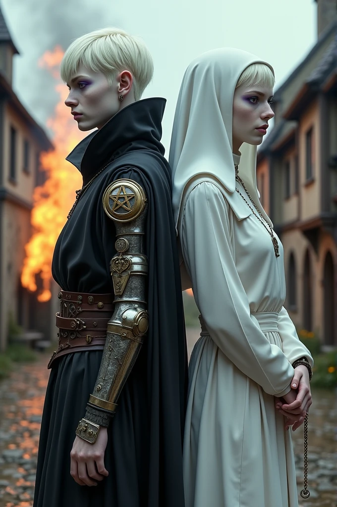 Two albinos from the Middle Ages back to back with violet eyes and white hair, in a village in front of an execution at the stake, with the one on the left wearing dark alchemist clothes and with the left arm with a steampunk prosthesis with a pentagram raised, and the one on the right in white nun&#39;s clothes with a rosary.