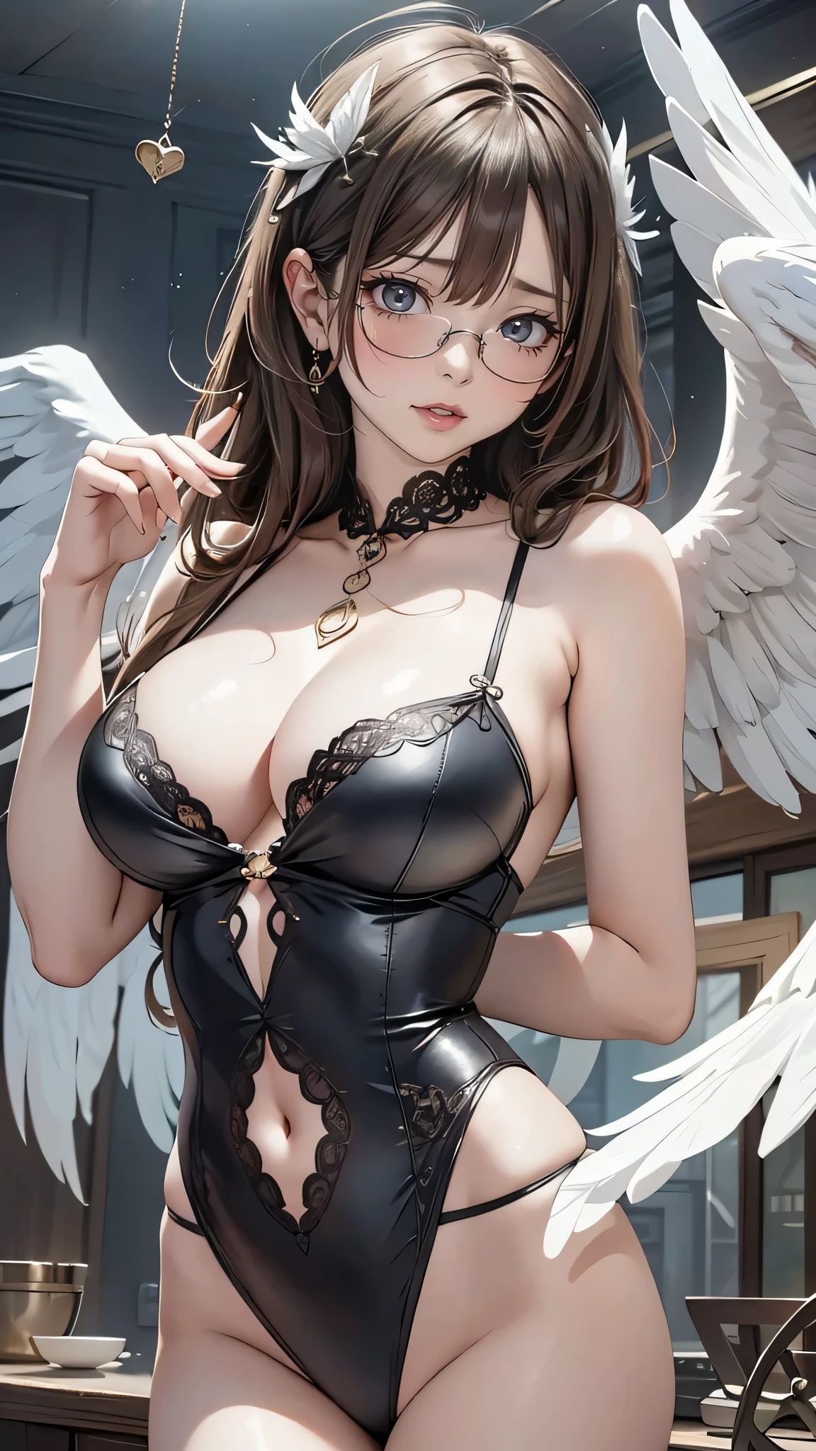 Highest quality、masterpiece、High sensitivity、High resolution、Detailed Description、Slender women、A cup bust、Glasses、Circle of angels overhead、Large wings of an angel、Floating above the desolate wasteland、