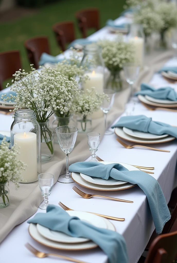 Erstelle a Foto mit Tischdeko für ae Hochzeit im Mai.
Consider the following criteria:
- Colour concept: light blue/White/ beige,
-modern
- afache Zylinderförmige Windlichtern aus klarem Glas mit Kerzen befüllt
- es stehen immer 3 Windlichter in unterschiedlichen Größen zusammen
- azelne unterschiedliche Blumen in unterschiedlich großen Vasen aus klarem Glas
- Die Blumen nicht in großen Sträußen sondern jeweils maximal 3 azelne Blumen im aer Vase.
- Whitee und light bluee Blumen
- Die Tische sind 12er Tische.
-hellbeiges Laen Tischtuch, das locker auf dem Tisch liegt
- Whitee Tischdecke
- light bluee Laen Servierten 20x20cm
- Die Tische sind 80cm breit.
- ka Platz vor Kopf
- Decke den Tisch mit Geschirr, Cutlery and glasses (Wasser- und Waglas) a.
- the chairs are dark brown - more lanterns with candles than flowers View photo: Overview of the whole table from above
