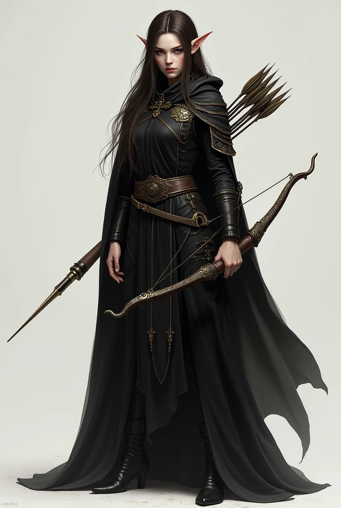 Draw a full-body, standing female half-elf with white skin, little elf ears, eyes black, dark brown hair, wearing a black cloak with gold details and a built-in hood holding a crossbow in his hands and a quiver on his back with a handful of arrows. Her eyes are extremely dark and this is her most obvious feature..