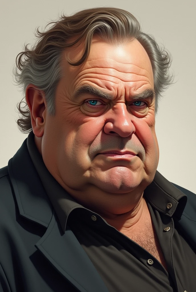 man, adult, 75 years, corpulent, blue eyes, intimidating look, brown hair with some gray, realist, delgado, Without beard, good bearing, upper middle class