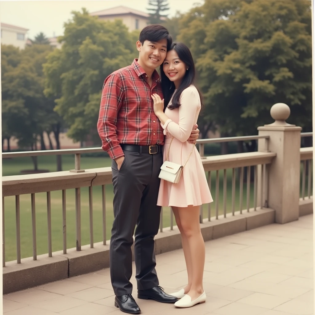 Cute happy couple portrait,Take a wedding photo on a red background