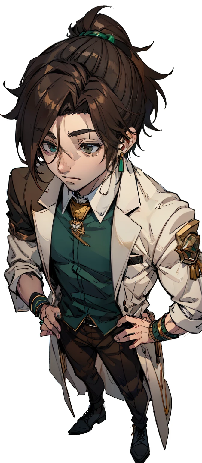 naughty man, Age 22, offwhite, lightbrown eyes, brown hair at the roots and blonde hair at the ends, white silk dress shirt with jade buttons and fine jade earrings, with a dark blue blazer with gold details over the t-shirt