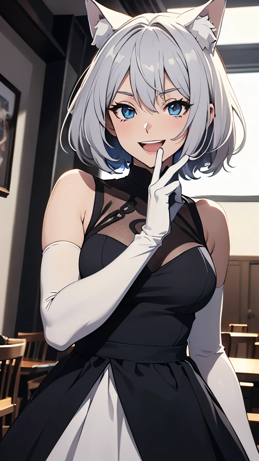 Tabletop　High resolution　Best image quality　8k　 Adult female　Anime Style　White long gloves（Elbow Gloves）　Black Dress（Sleeveless）　White Pantyhose　White wolf ears　short hair（（Shortcuts）（Gray Hair）（Perm）（fluffy））　blue eyes　Attractive face（（Laughter）（smile）（Open your mouth））　