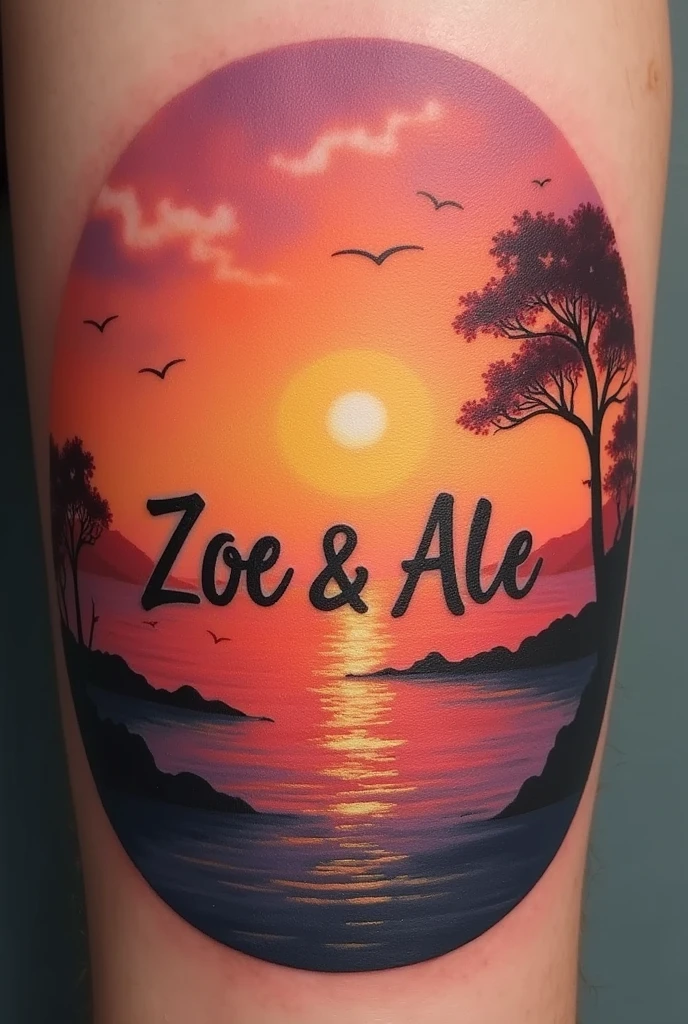 A tattoo with the names Zoe and Ale in the background of a sunset