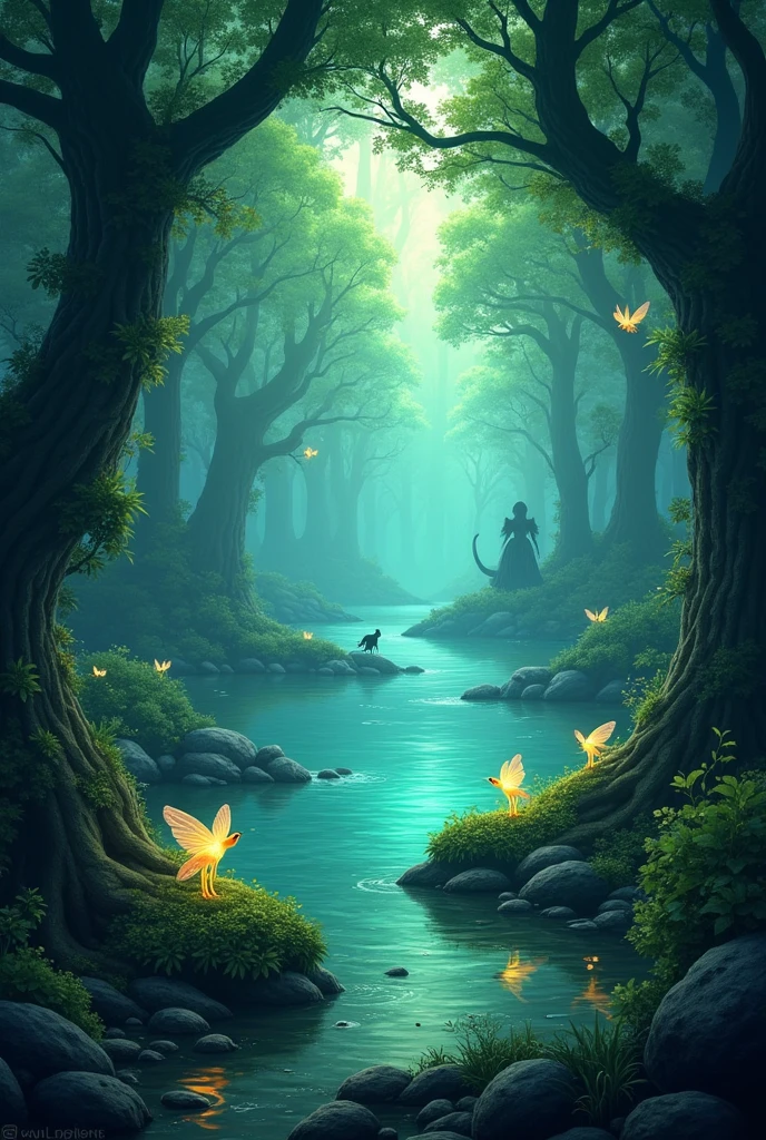 Fantasy forest-type world with green tones and magical creatures including tiny fairies and more creatures, In this world there is a very large, crystal-clear, blue lake., the forest is dark and there are dark creatures.
