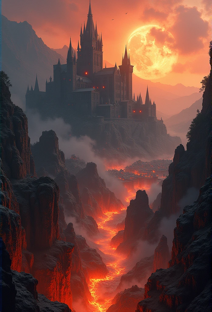 A mystical kingdom of fire. With a big dark castle and houses around it. A dense forest surrounds the kingdom with its burning flames and lava streams along with great mountains behind the castle. 