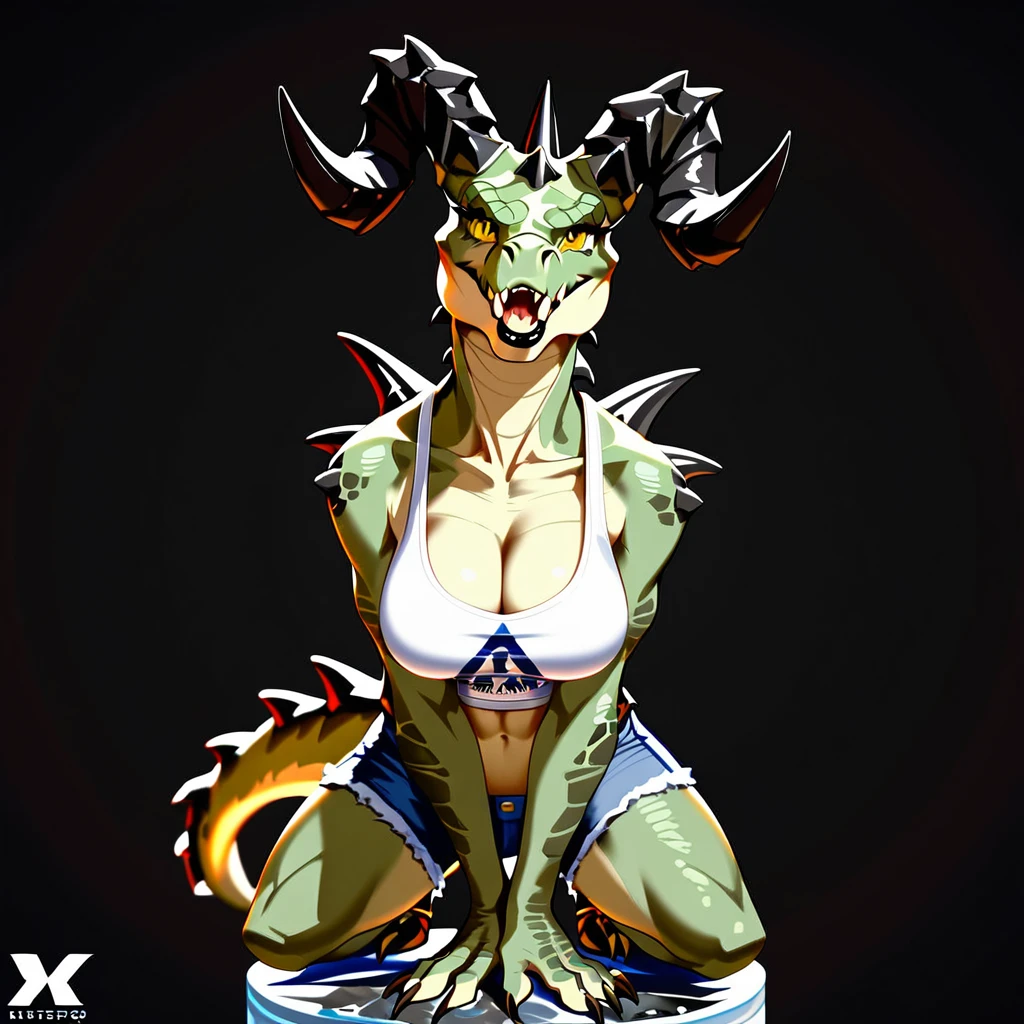 (((Masterpiece))), ((4k)), (best body), Solo, score_9,score_8_up,score_7_up, kemono style, Anthro deathclaw from fallout, Anthro reptile girl, snout, green scaled skin, gold eyes, black lips, black horns, black ram horns, athletic body, smiling, wearing brown laced tank top, (detailed fantasy background), (full body), [midevil] 