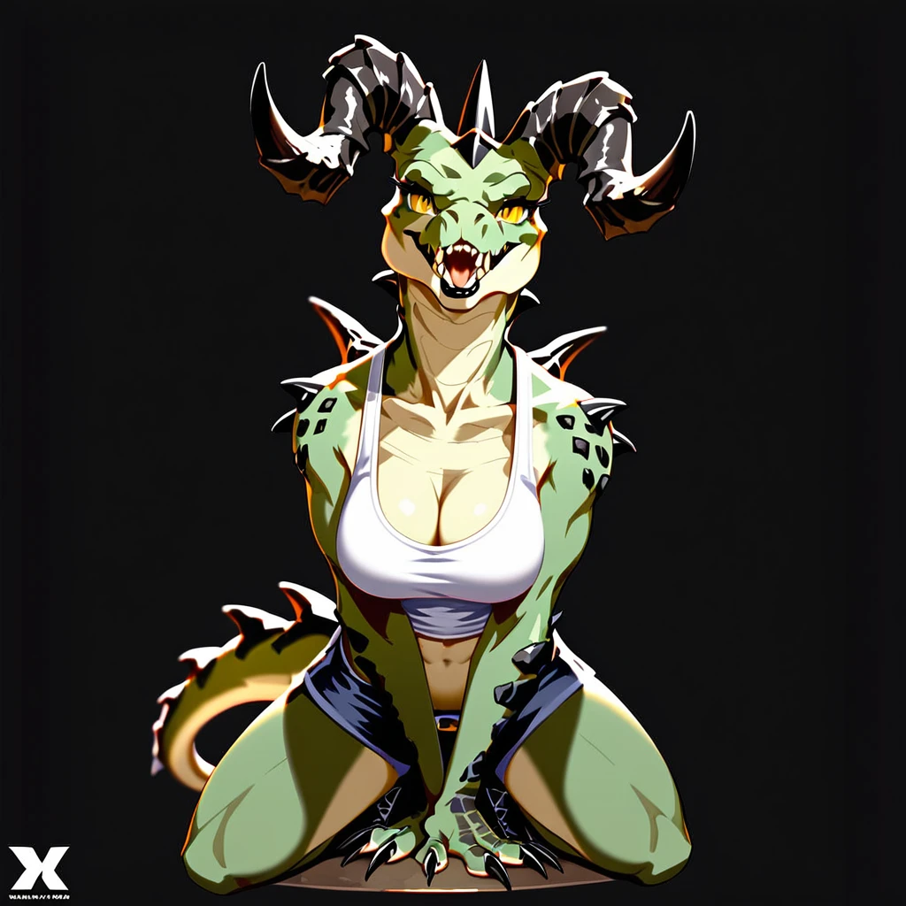 (((Masterpiece))), ((4k)), (best body), Solo, score_9,score_8_up,score_7_up, kemono style, Anthro deathclaw from fallout, Anthro reptile girl, snout, green scaled skin, gold eyes, black lips, black horns, black ram horns, athletic body, smiling, wearing brown laced tank top, (detailed fantasy background), (full body), [midevil] 