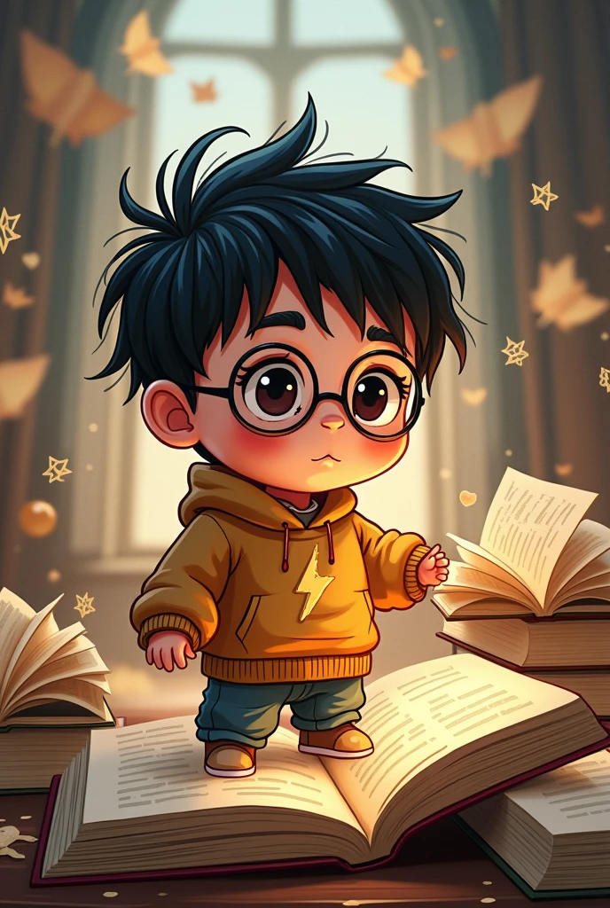 Harry Potter baby drawing with books in pixar lineart style as if it were hand drawn