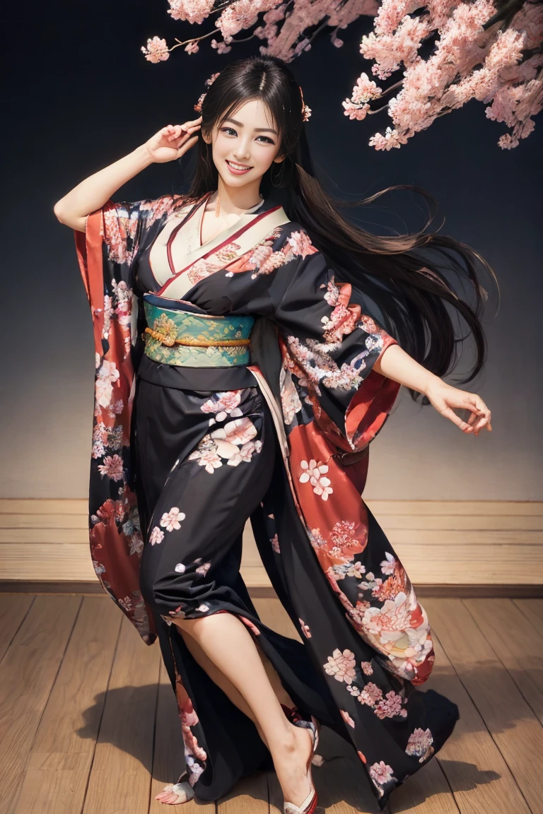 (SeaArt creates stunning illustrations of beautiful women in kimono)、Vividly colored Japanese Ukiyo-e style illustrations、A beautiful woman smiles and shows her upper white teeth、Brown-black long hair、Beautiful full body style、If you want to dance, let's dance, Tokyo Ondo, Yoi Yoi、Beautiful new digital paintings,、Bright vibrant digital anime art、 Beautiful anime portraits、background,Japanese shrine torii gate front、 Detailed digital anime art、