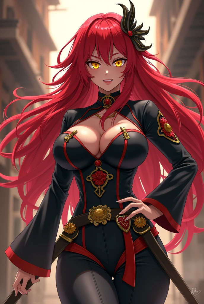 A girl with red hair and yellow eyes,that has big breasts ,cazadora de demonios con uniforme de cazadora de demonios Kimetsu no Yaiba pilar Kimetsu no yaiba. Kimetsu no yaiba 