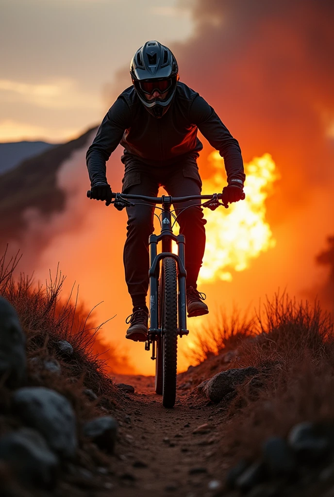 a downhill bike rider, on his mountain bike with flames behind him, he comes down a burning mountain