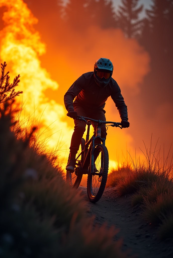 a downhill bike rider, on his mountain bike with flames behind him, he comes down a burning mountain
