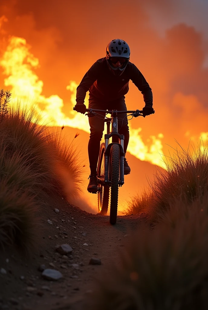 a downhill bike rider, on his mountain bike with flames behind him, he comes down a burning mountain