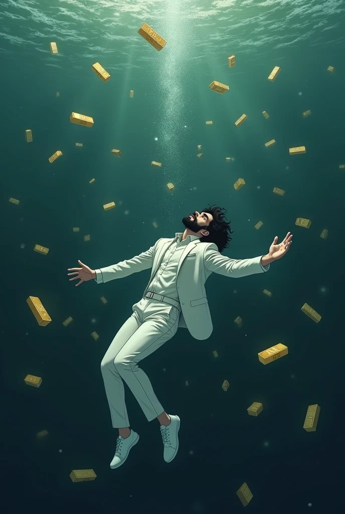 Create a anime style landscape image. an dramatic style under the water image showing a surreal and dramatic scene of a male person in a white suit, white shoes, and sinking into deep, The man has dark medium hair, thik medium beard and light skin, dark waters, surrounded by floating gold bars. "The figure appears to be floating helplessly, as if falling through the water, with their arms means hands and legs extended and head tilted back". and "his body is oriented horizontally with his back facing the viewer". The gold bars around the person seem to be floating and tumbling through the water, giving the impression of wealth lost in the chaos. The mood should be somber and intense, highlighting themes of loss, wealth, and the overwhelming force of destruction. Camera view left side long shoot. 4k, ultra high quality, UHD, ULTRA HD.
