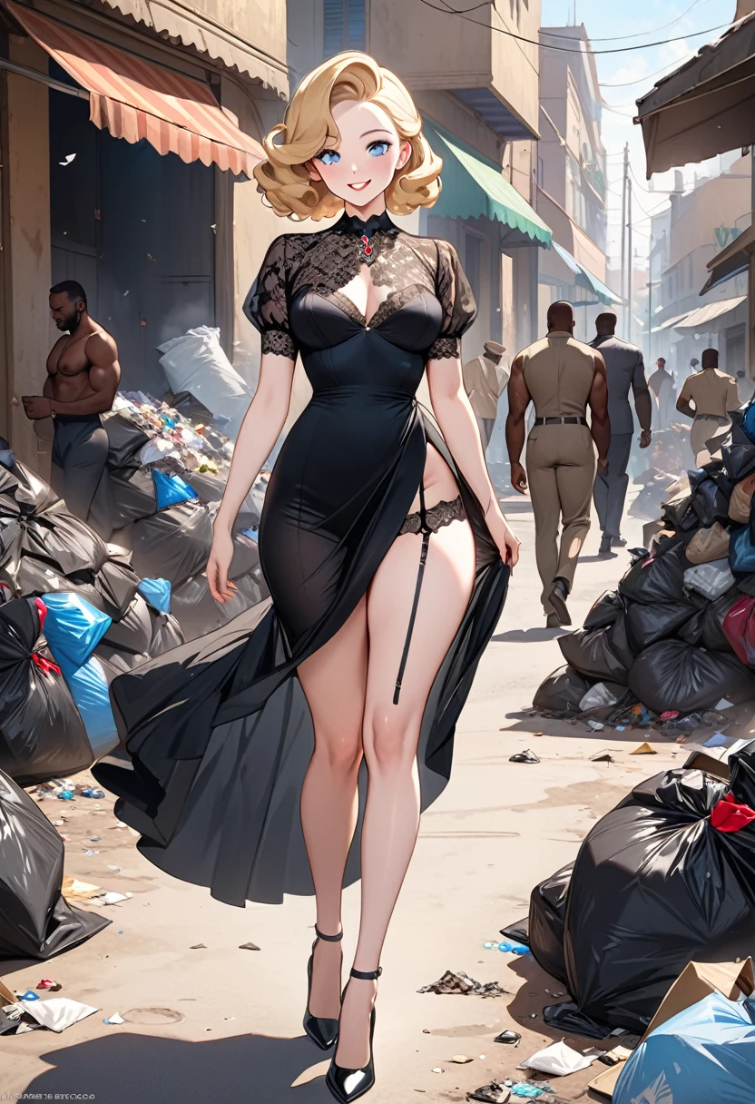 masterpiece, small size head, pinup, Stunning Blonde lady, pale skin, blue eyes, stunning, orgasm face,wearing Golden royal dress, she wear black stockings , she wear garter belt ,red stilettos ,thick calves, super thick legs , big ass. She is walking in poor african Town with a Lot of garbage and african homeless men.