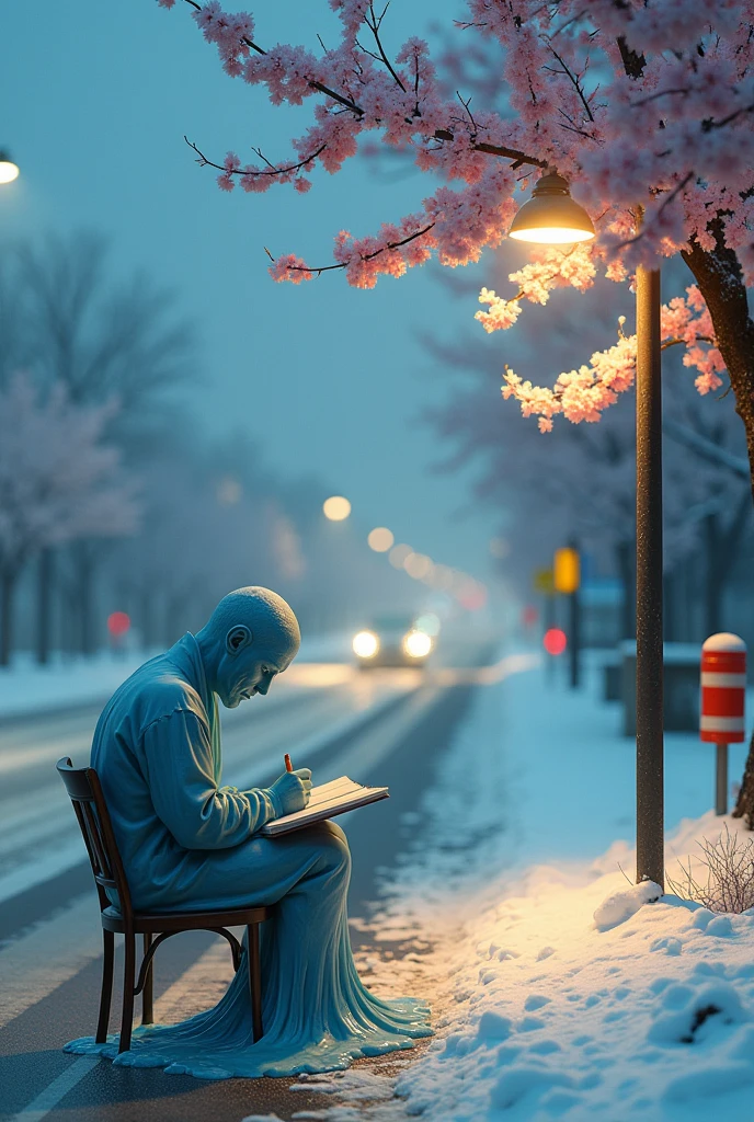 I want a snowy road with signs of traffic, and on the edge of the road a person melting as if he is melting like wax sitting on a chair under a bright lamp and under a cherry blossom tree writing in a notebook   