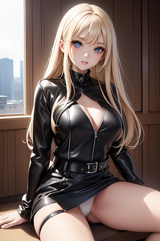 ((Highest quality)), ((masterpiece)), (detailed),Perfect Anatomy，Natural Light,In the city where buildings stand side by side,Night Scenery,A very cute, -faceack-haired woman,((Highest quality, 8k, masterpiece: 1.3, )),A woman with very small breasts,Well-proportioned, slim body，Long, slender legs，Long, thin hands， detailedな顔, detailedな肌, fine grain, detailedな唇, detailedな舌, detailedな指, Mouth detailed, Beautiful teeth alignment,Realistic,  High resolution, Natural light, Dynamic pose,Toned Legs, double eyelid, Tear bags, Round eyes, Moisturized lips,Long, flowing blonde hair,          (((Black leather collar,Wearing a black leather jacket,A black leather jumper that reveals the chest,Wearing a very short black leather miniskirt,White panties look good,Black leather belt at waist))),((spread your legs wide 1.9,Open your legs in an M shape..5,Woman sitting with knees up 1.4,A pose that emphasizes panties,I want to see more panties)),Poses that emphasize the uterus,A pose that gives a good view of the anus and pussy,