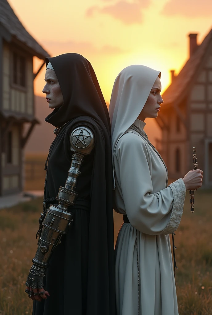 Two albinos from the Middle Ages back to back with violet eyes and white hair, in a village in front of an execution at the stake, with the one on the left wearing dark alchemist clothes and with the left arm with a steampunk prosthesis with a pentagram raised, and the one on the right in white nun's clothes with a rosary, ao por do sol