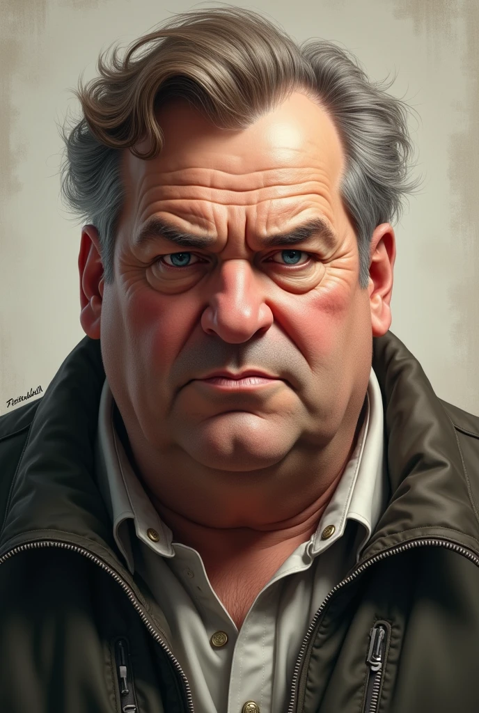 man, adult, 75 years, corpulent, blue eyes, intimidating look, brown hair with some gray, realist, delgado, Without beard, good bearing, upper middle class