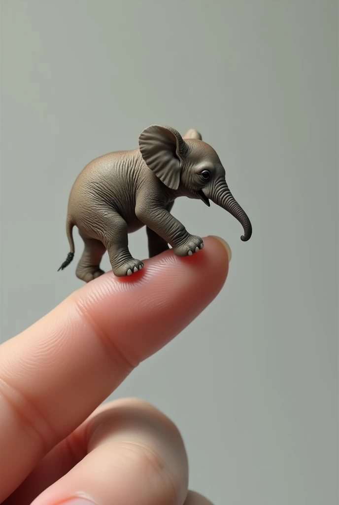 Photorealistic, 34k, A micro baby elephant perched on a human finger. Hyperrealistic, hyperdetailed