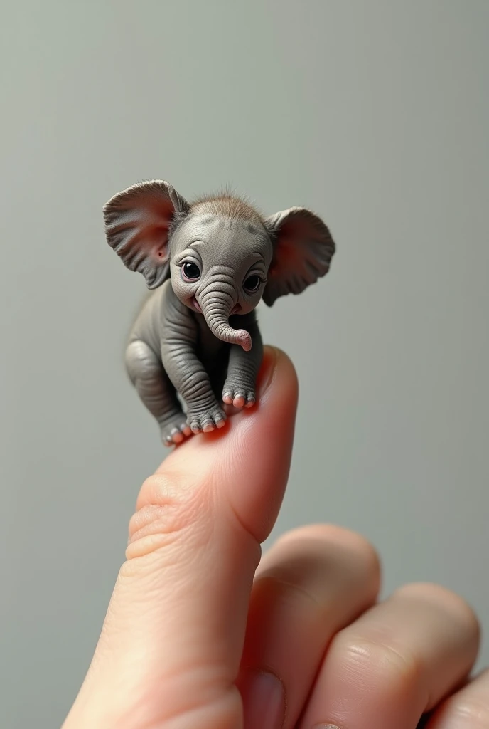 Photorealistic, 34k, A micro baby elephant perched on a human finger. Hyperrealistic, hyperdetailed