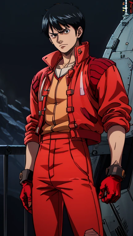 (1boy, kaneda shotaro), (extremely detailed CG unit 8k wallpaper),(master part), (best quality), (ultra detail), (best illustration),(melhor ombre), cowboy shot, (Sharp eyeliner, ombre, detailed eyes:1), Spaceship bridge, break , (one piece style), upper body, red jacket, red gloves, red pants,