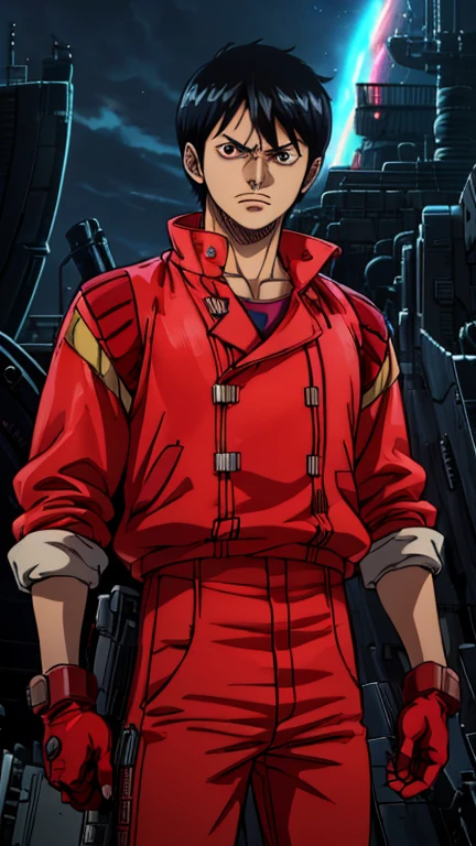 (1boy, kaneda shotaro), (extremely detailed CG unit 8k wallpaper),(master part), (best quality), (ultra detail), (best illustration),(melhor ombre), cowboy shot, (Sharp eyeliner, ombre, detailed eyes:1), Spaceship bridge, break , (one piece style), upper body, red jacket, red gloves, red pants,