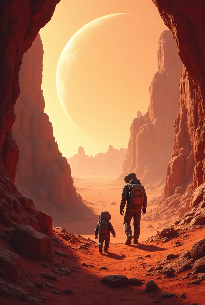 After a while, the golden light appeared again and Thomas was transported to Mars. Leaves, he saw red and desert landscapes. in Mars, met a robot called M4RT, who was curious and loved to explore. M4RT showed Tomás the Martian caves and ancient rock formations, revealing secrets about the planet's past.