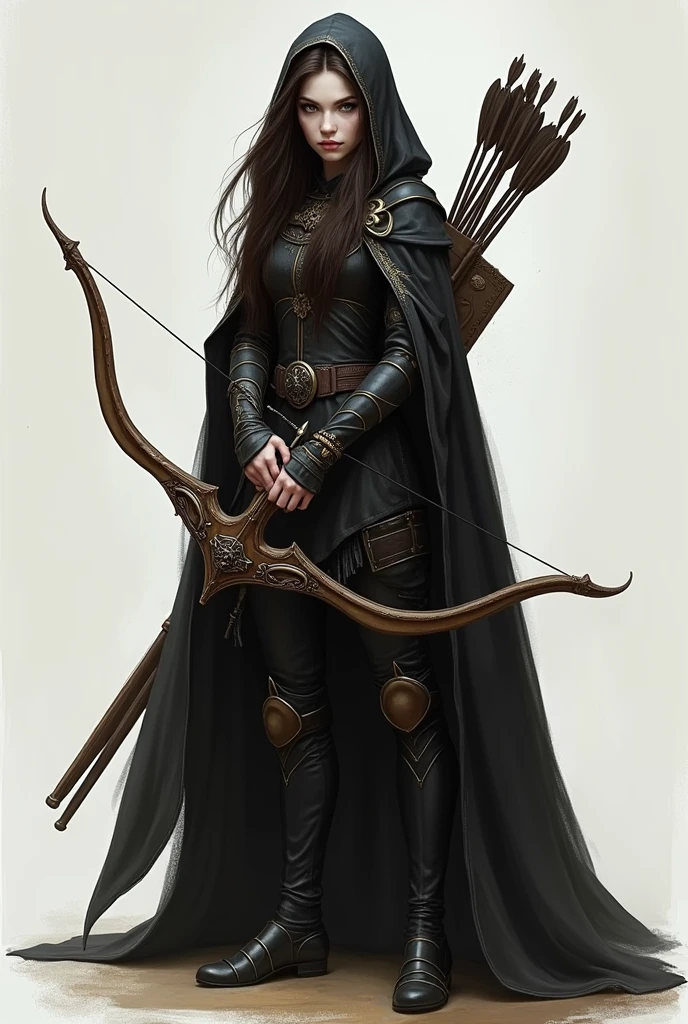 Draw a full-body, standing female half-elf with white skin, little elf ears, eyes black, dark brown hair, wearing a black cloak with gold details and a built-in hood holding a crossbow in his hands and a quiver on his back with a handful of arrows. Her eyes are extremely dark and this is her most obvious feature..