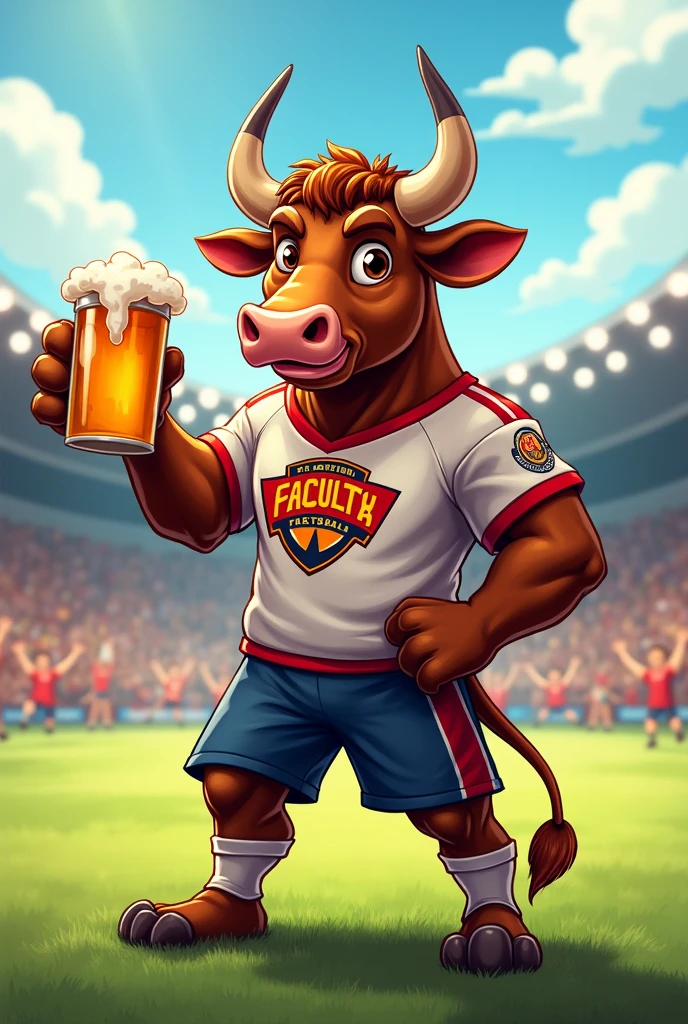 Animated bull with a beer in his hand, as a mascot for the Faculty of Agronomy's football team