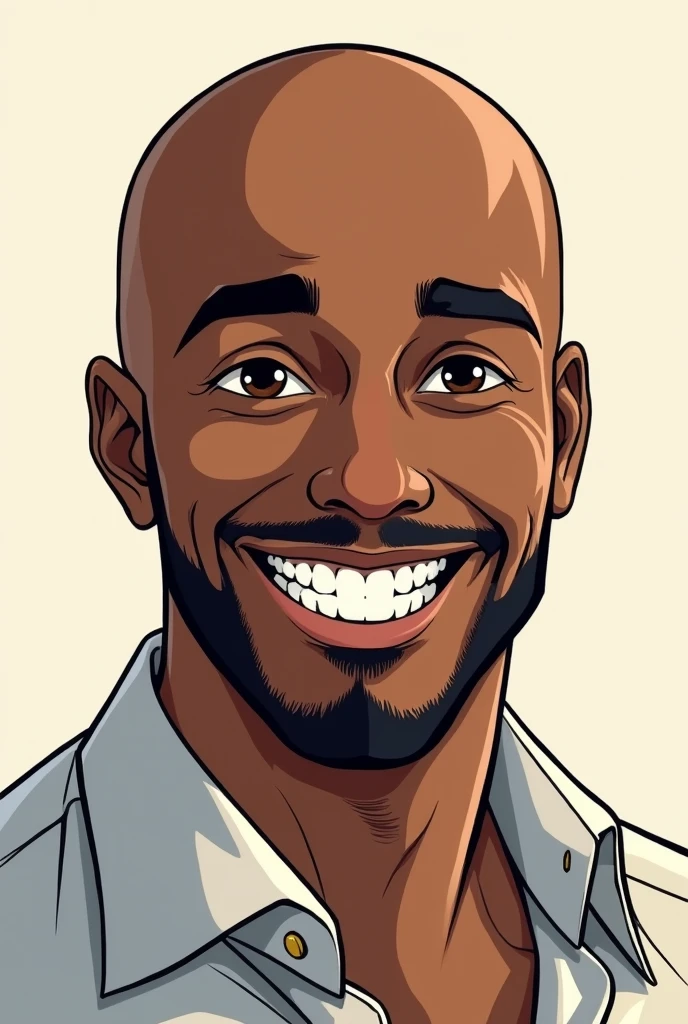 Manga style 50 year old black man bald no beard. flat nose, full lips, Brown eyes. Il sourit et porte une chemise un peu ouverte au col