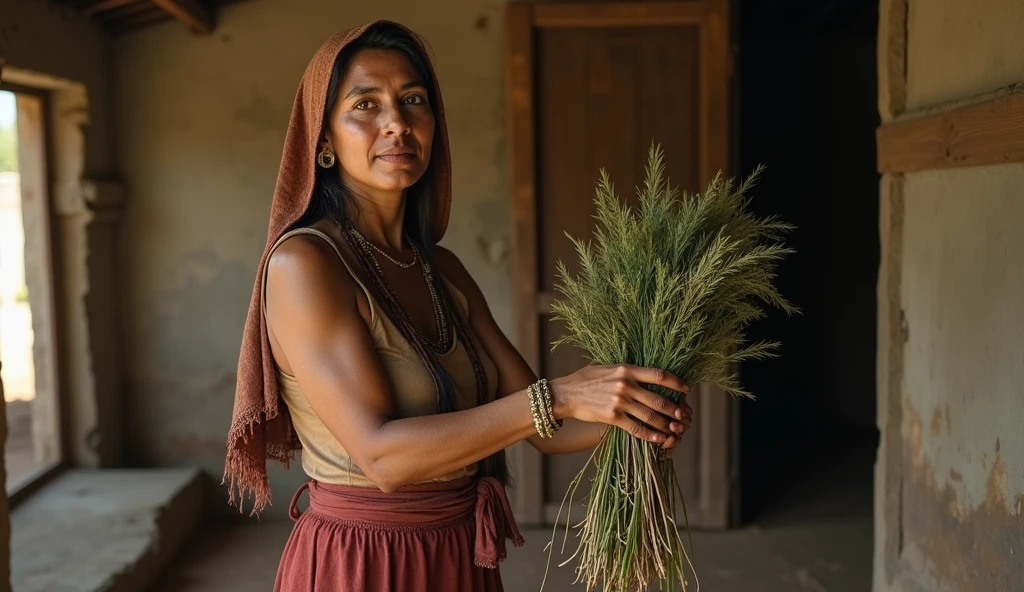 Create an ultra-realistic image of a traditional Brazilian healer, known as a 'benzedeira,' dressed in typical northeastern attire. She is wearing a long skirt and a headscarf, performing a blessing ritual. The benzedeira holds a bundle of herbs, such as arruda and manjericão, in her hands. Her expression is serene and focused as she performs the ritual. The background is a simple, rustic setting, possibly with earthy tones and natural light, evoking the authentic atmosphere of rural northeastern Brazil."