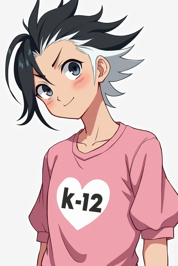 A Skin Man:Clear Eyes:brown Style:anime body:tall hair:split in half one side white and the other side black Clothes:a pink shirt with light pink puff sleeves and on the shirt a white heart with the writing "K- 12"