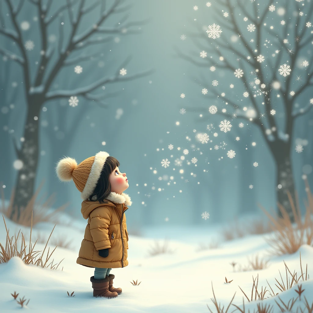 Snowflakes dancing, girl looking up, overhead view, bird's eye view,
