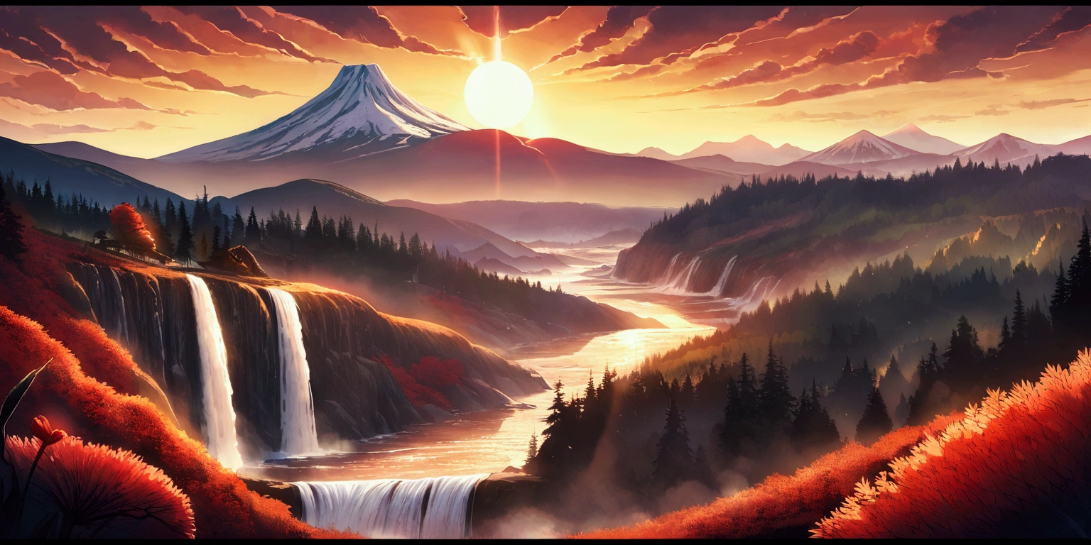 ultra wide landscape flooded with light moebius style, chilis, sausages, wine, epic, sun, mt hood, waterfall, forest
