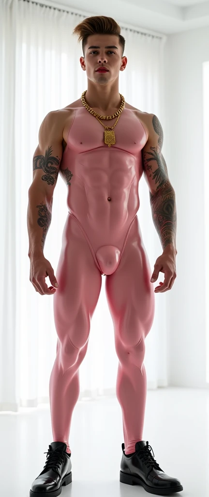 Fullbody standing picture of white Handsome muscular nude horny sexy gay boy wearing skinny tight shiny pink latex bodysuit, shiny light brown hair Disconnected Pompadour oiled hair style, shiny black varnished shoes, big golden neck chain, red lip, six pack, tattoos, horny, cum shot, sperm, milking penis, very big penis, very big testicle, shiny oiled skin, orgasm, oversexed, masturbation, standing at white show room.