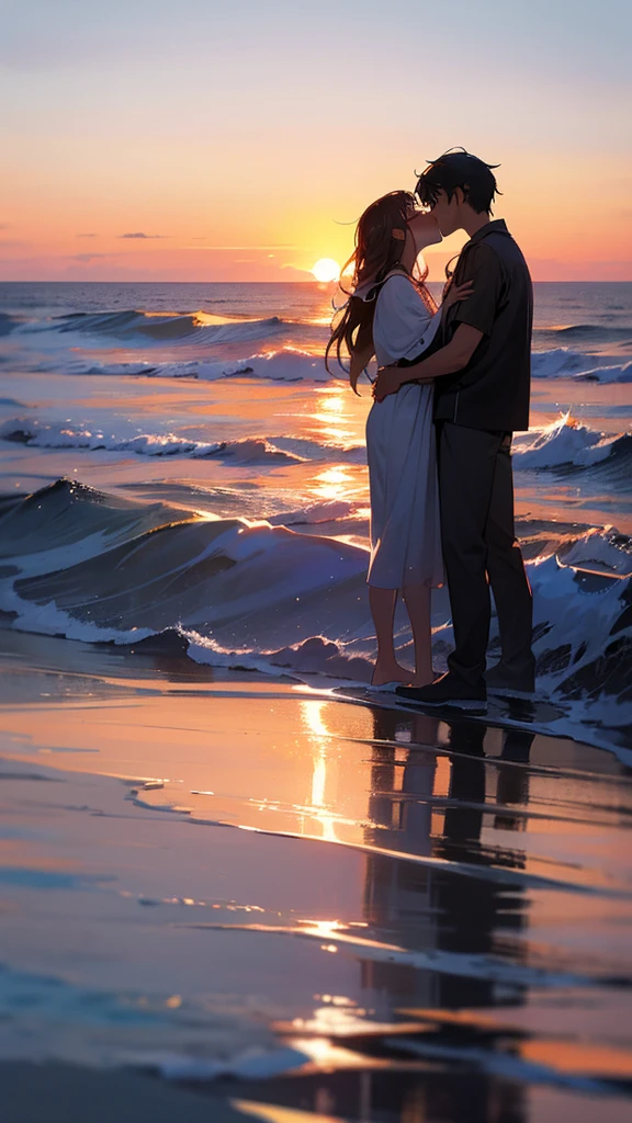 A guy kisses a girl against the backdrop of the sea at sunset