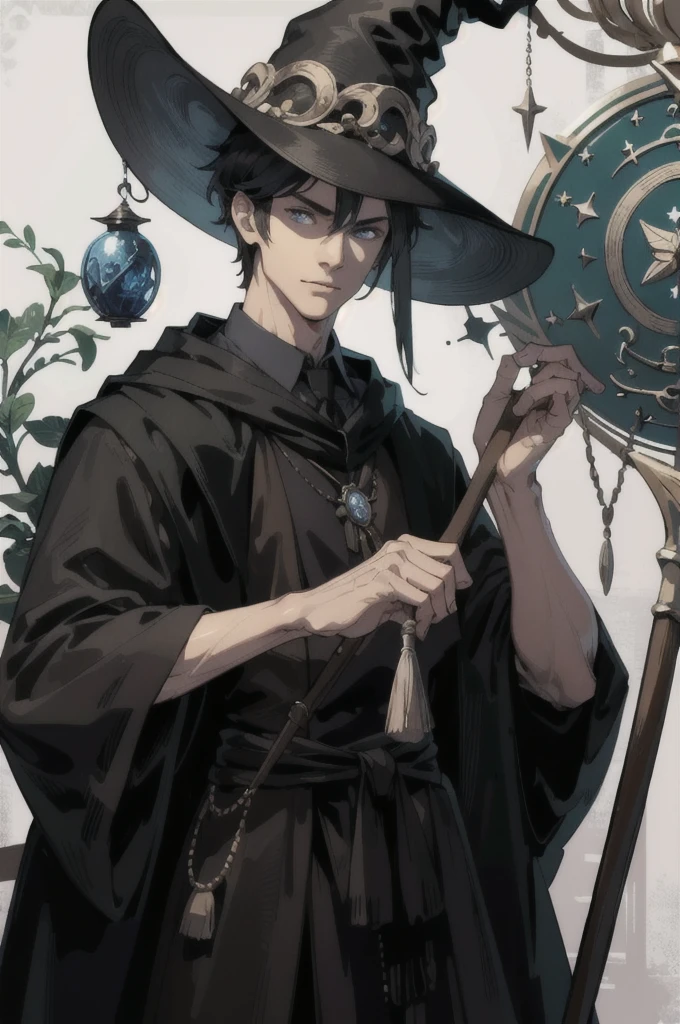 masterpiece, best quality, 1 male, adult, tall muscular, handsome, finely detailed eyes, intricate details, wizard, black hat with a pointed brim, broomstick with a carved handle, spellbook with a variety of spells, potion bottles with various ingredients, enchanted forest with a hidden wizard hut