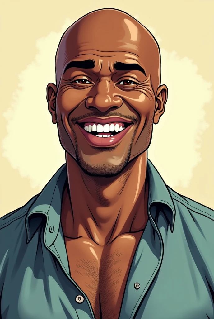 Manga style 50 year old bald black man. flat nose, full lips, Brown eyes. Il sourit et porte une chemise un peu ouverte au col