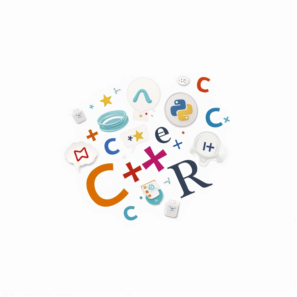 very white background with colorful C symbol++ c# c python, JAVA, JAVA script com nenhum em destaque principal no canto inferior esquerdo da imagem
